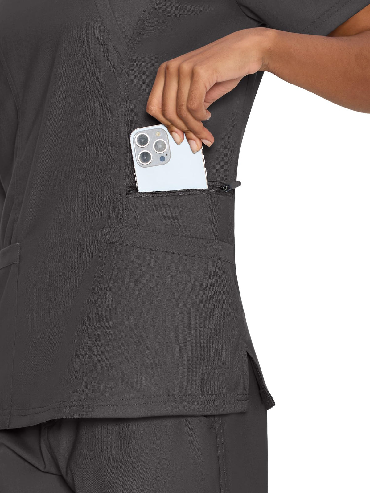 Venus Mock Wrap Scrub Top, Dark Grey, Pocket Detail 1