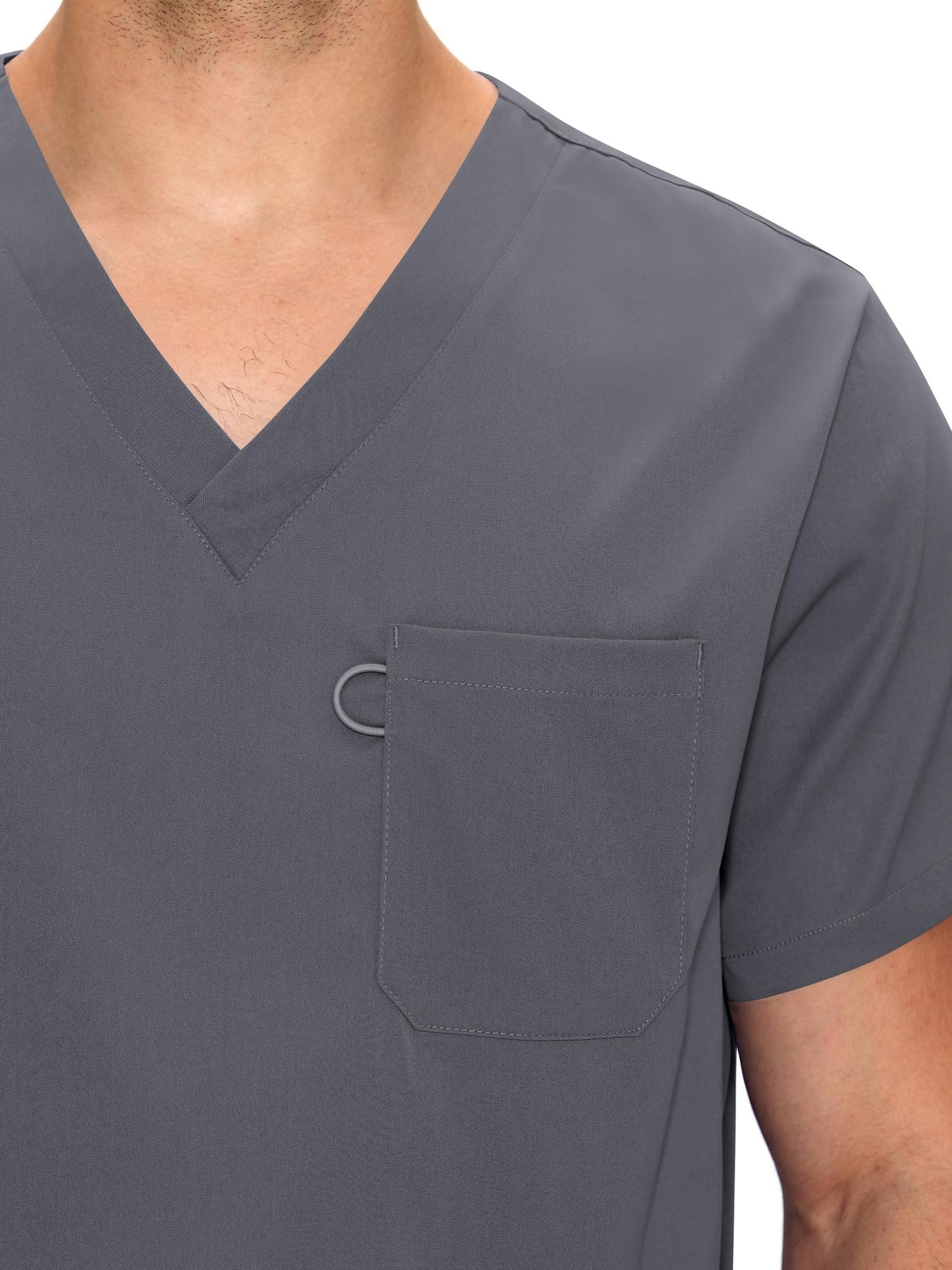 Orion V-Neck Scrub Top, Morning Mist Grey, V-Neck and Chest Pocket Detail