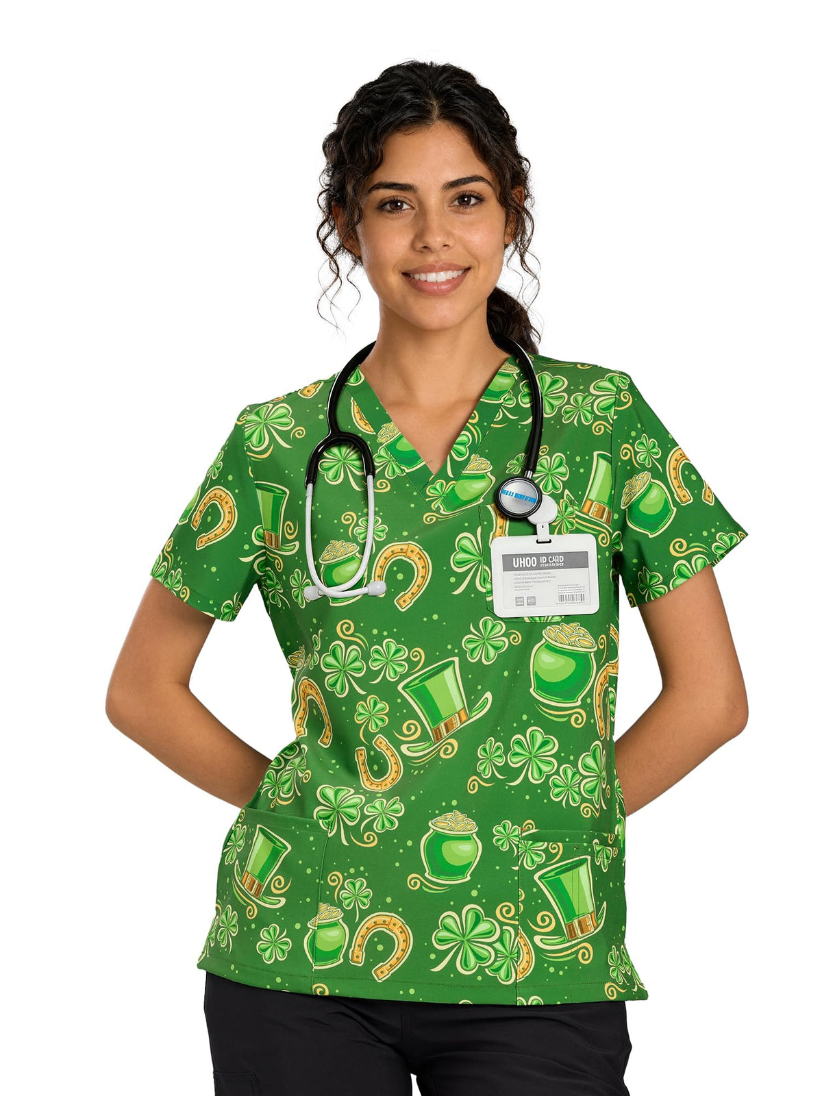 CSYHT01P01 Women's Printed V-Neck Scrub Top — Trifolium — 1