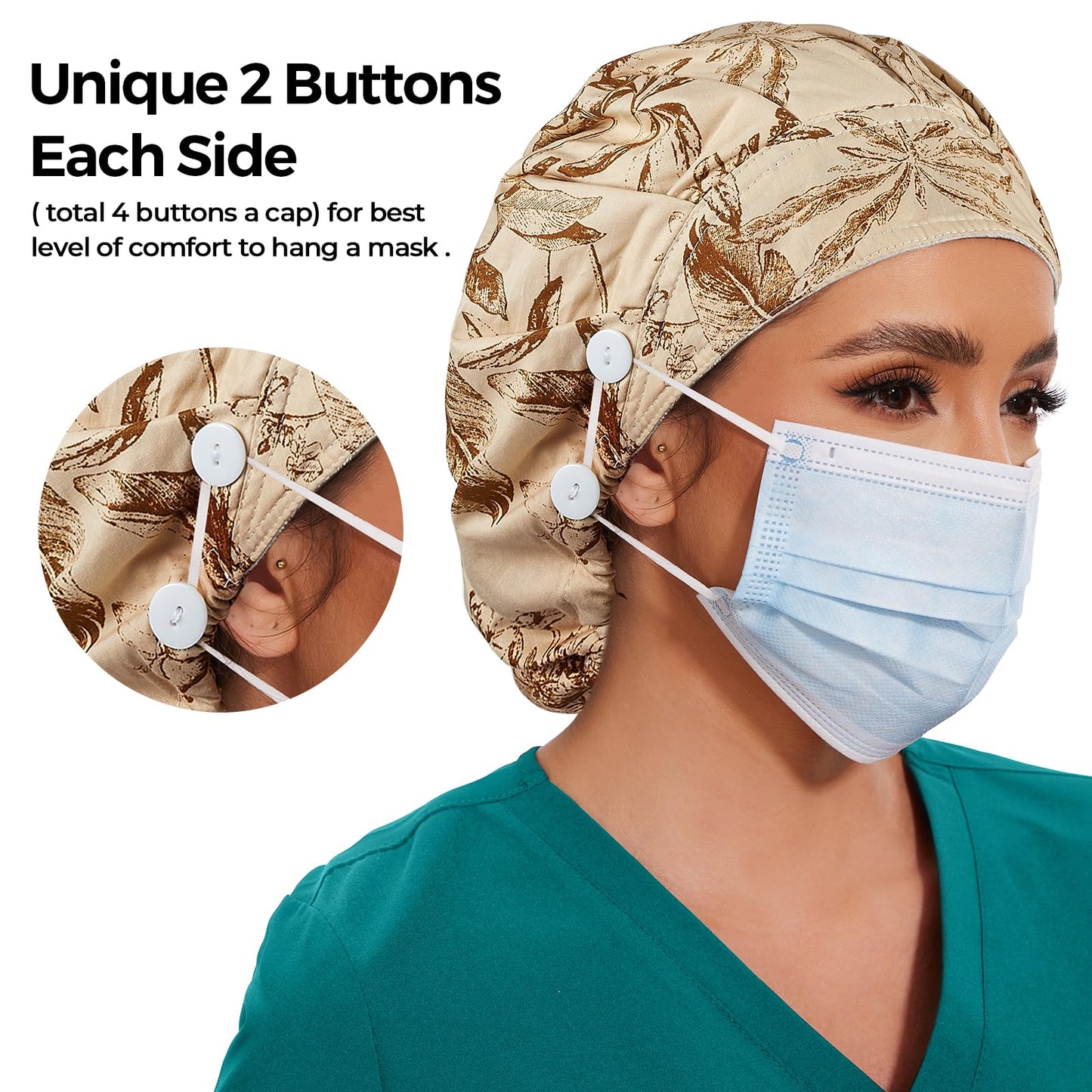 Adjustable Button Scrub Cap — B18-Etched Botanicals — Single Layer — 3