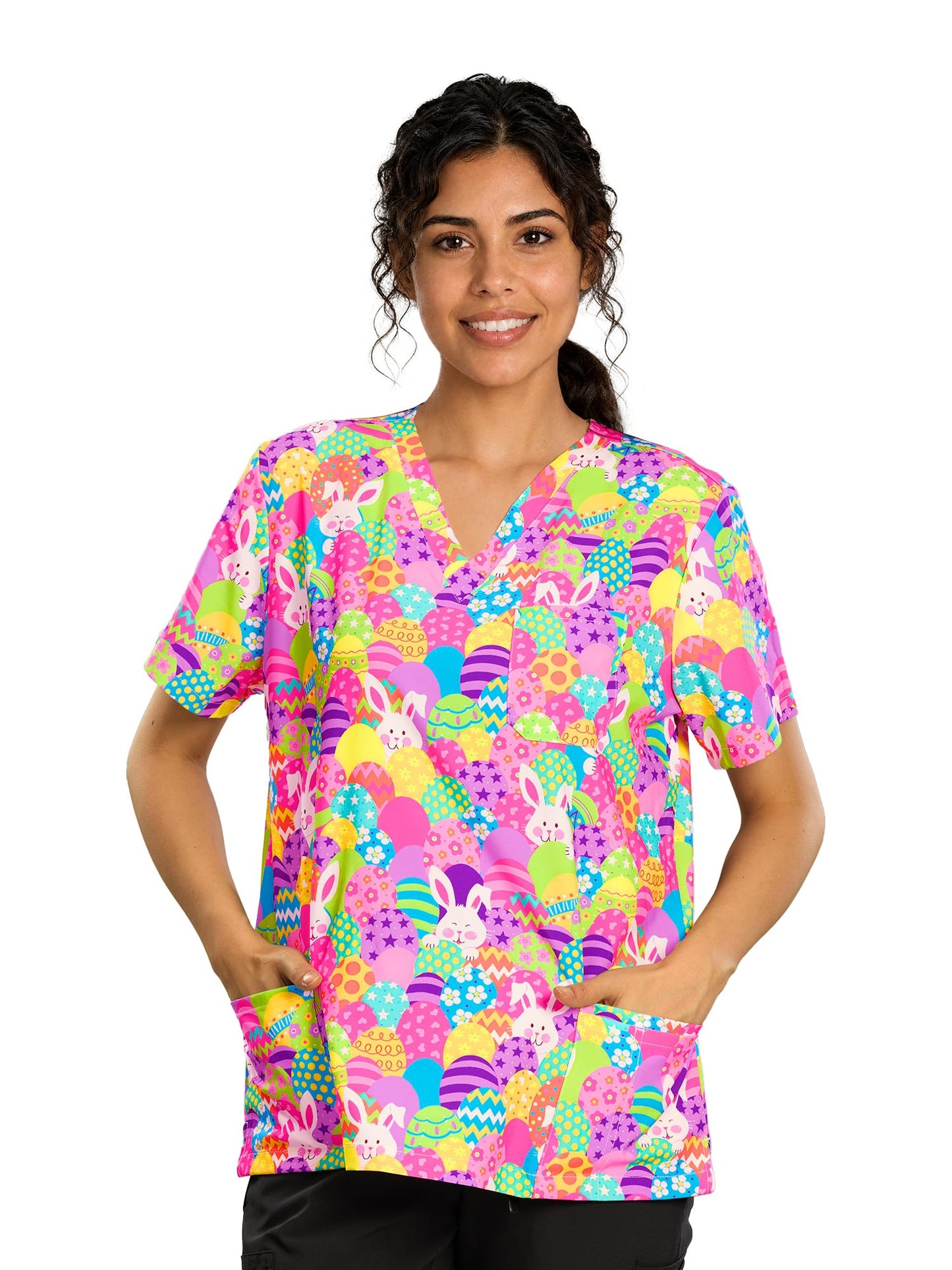 CSYHT01P01 Women's Printed V-Neck Scrub Top — Rabbit Easter Egg — 6