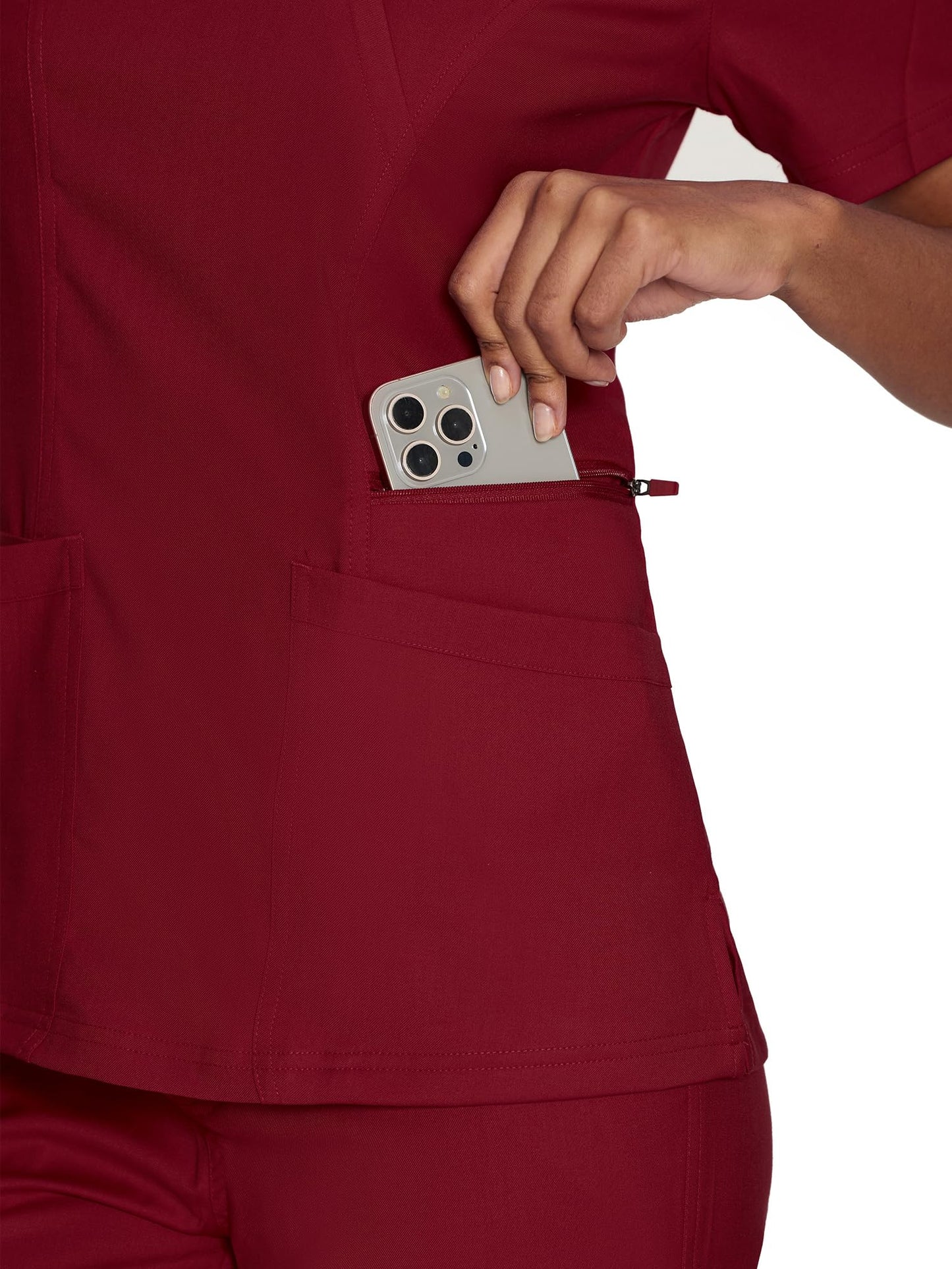 Venus Mock Wrap Scrub Top, Burgundy, Pocket Detail 1