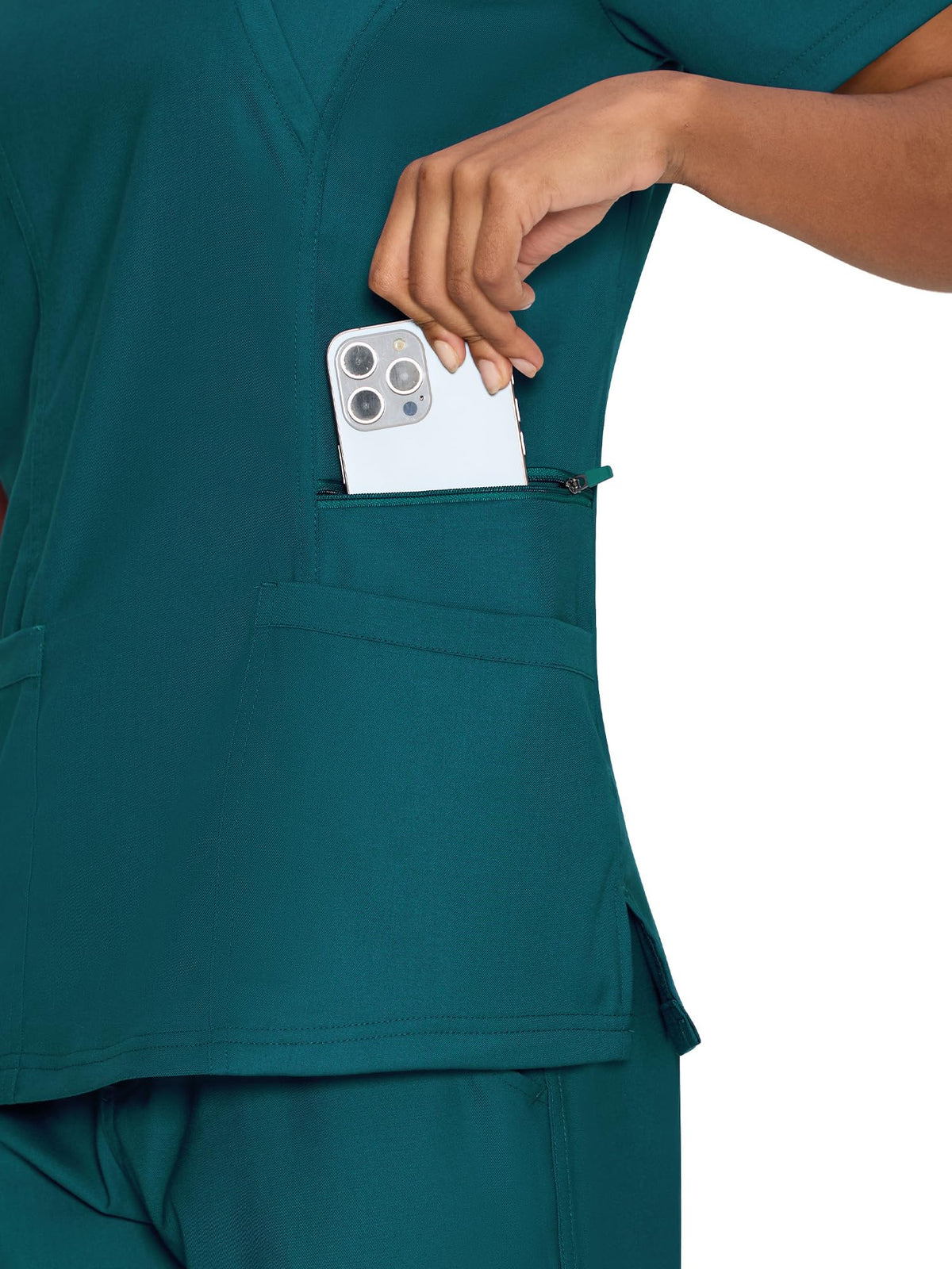 Venus Mock Wrap Scrub Top, Caribbean Blue, Pocket Detail 1