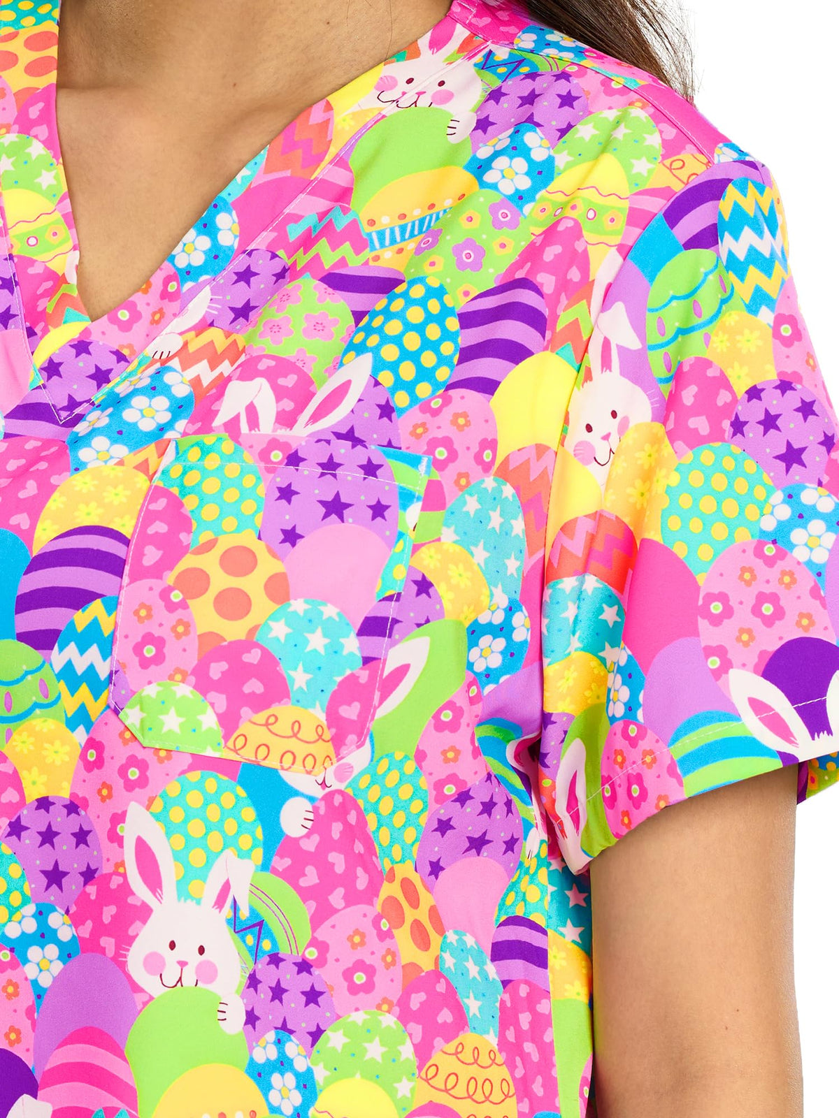 CSYHT01P01 Women's Printed V-Neck Scrub Top — Rabbit Easter Egg — 8