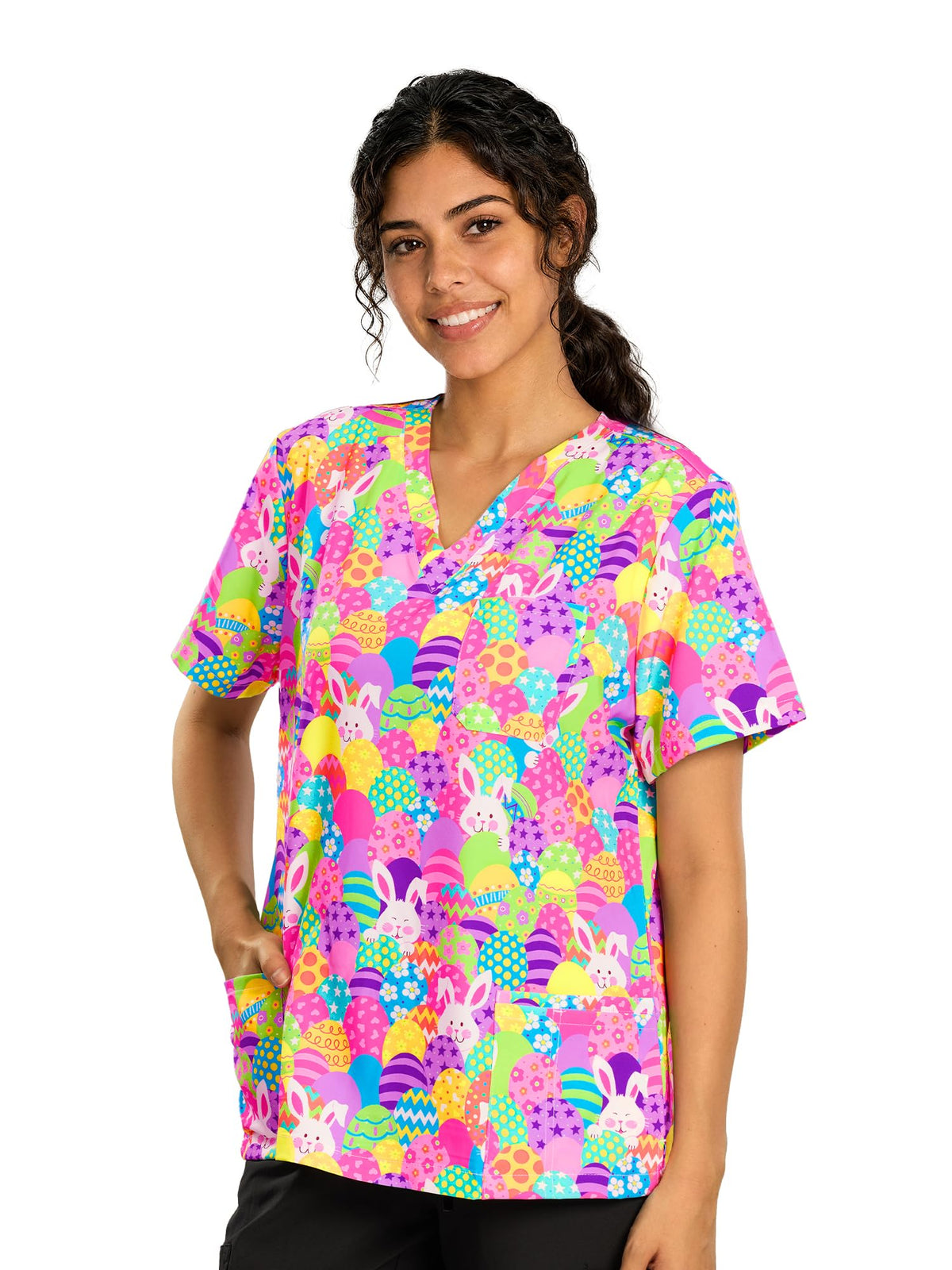 CSYHT01P01 Women's Printed V-Neck Scrub Top — Rabbit Easter Egg — 4