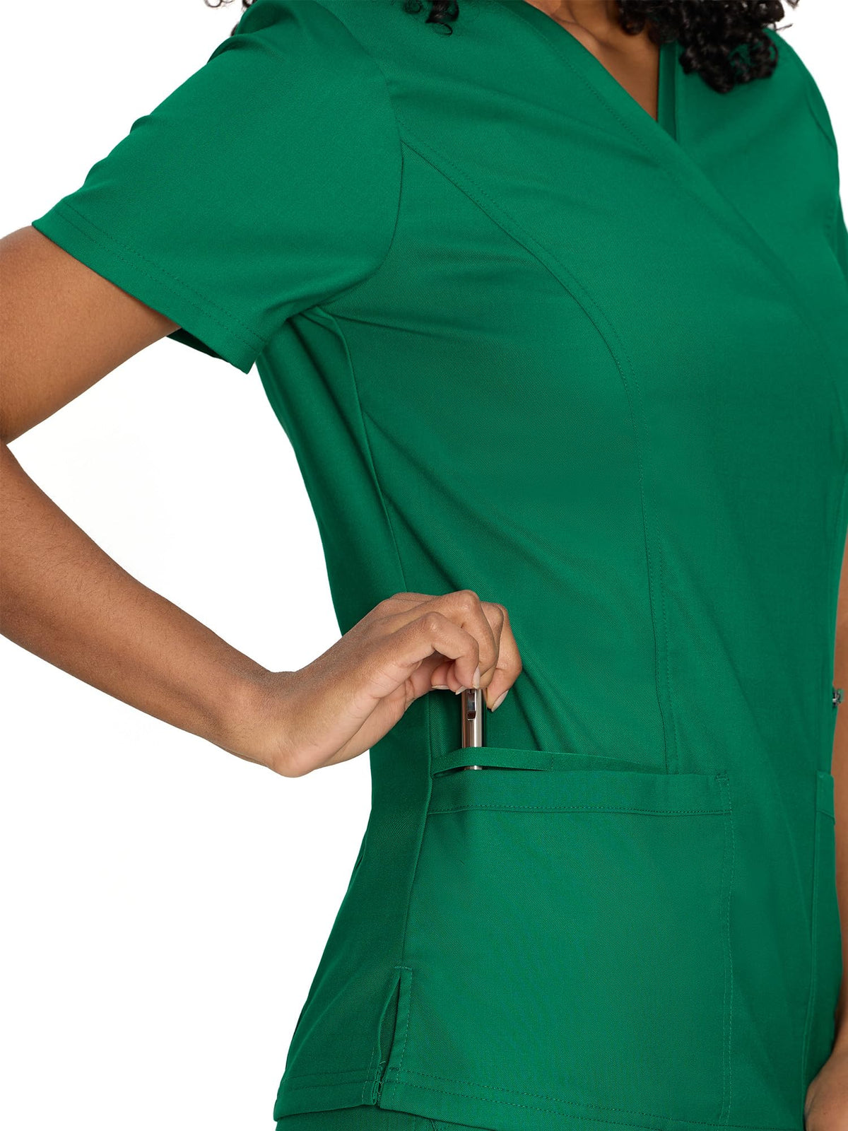 Venus Mock Wrap Scrub Top, Hunter Green, Pocket Detail 2