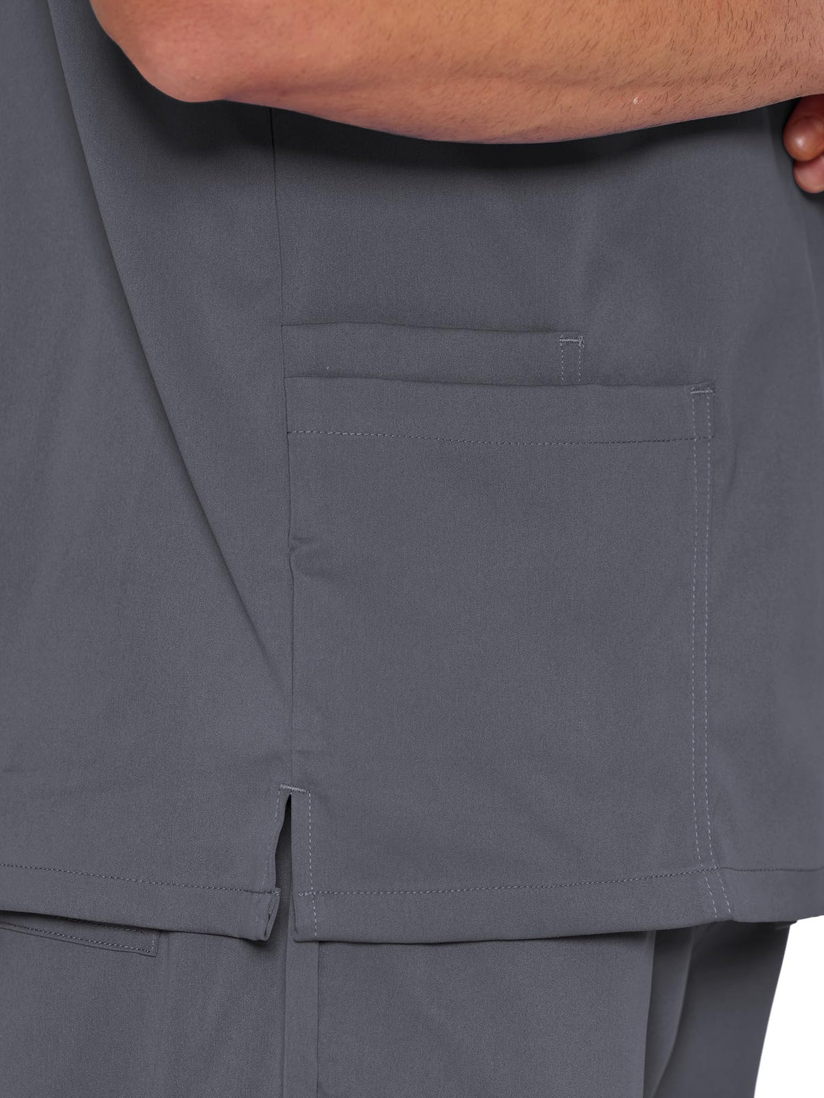 Orion V-Neck Scrub Top, Morning Mist Grey, Side Hem Slit Detail