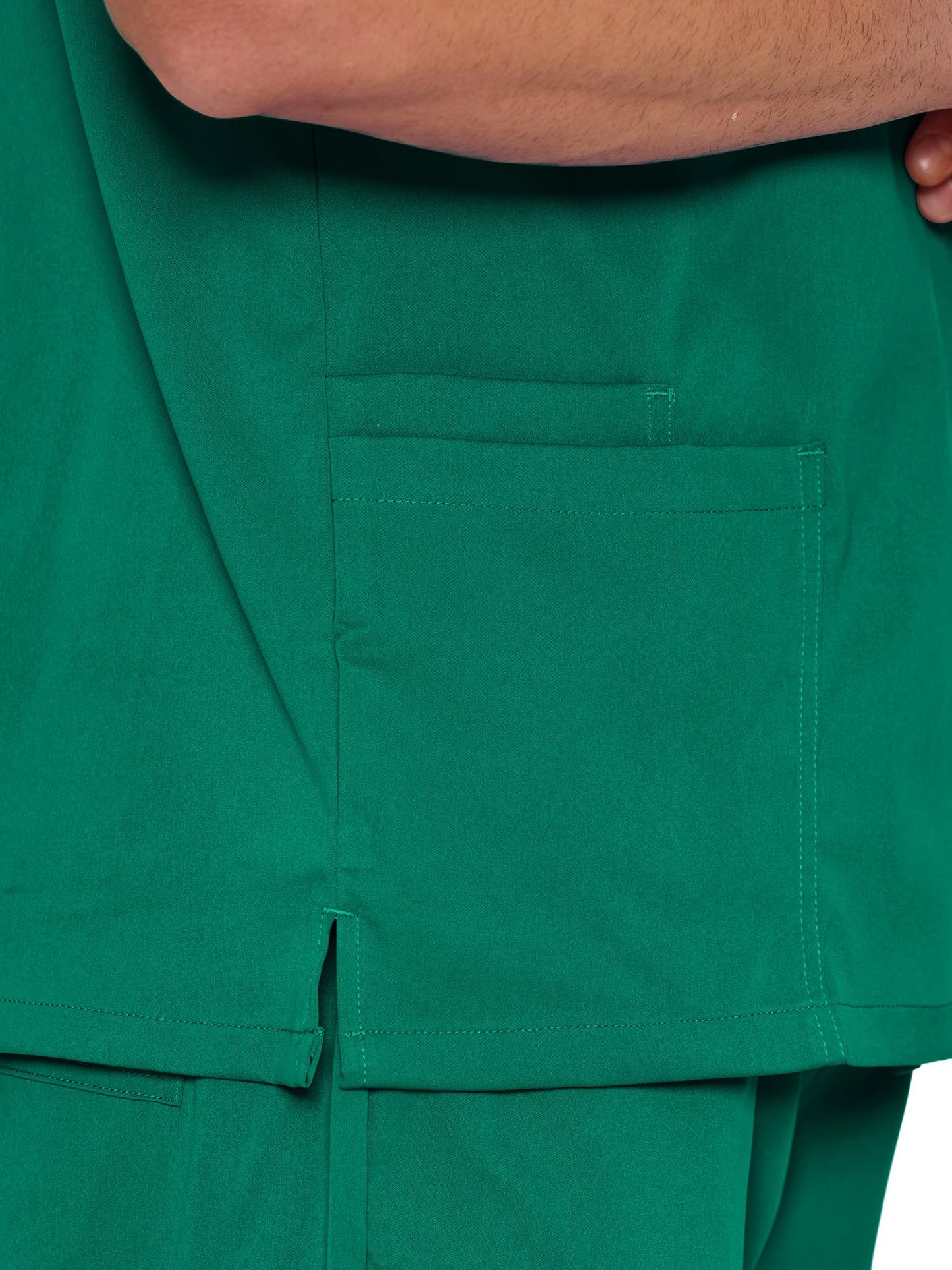 Orion V-Neck Scrub Top, Hunter Green, Side Hem Slit Detail
