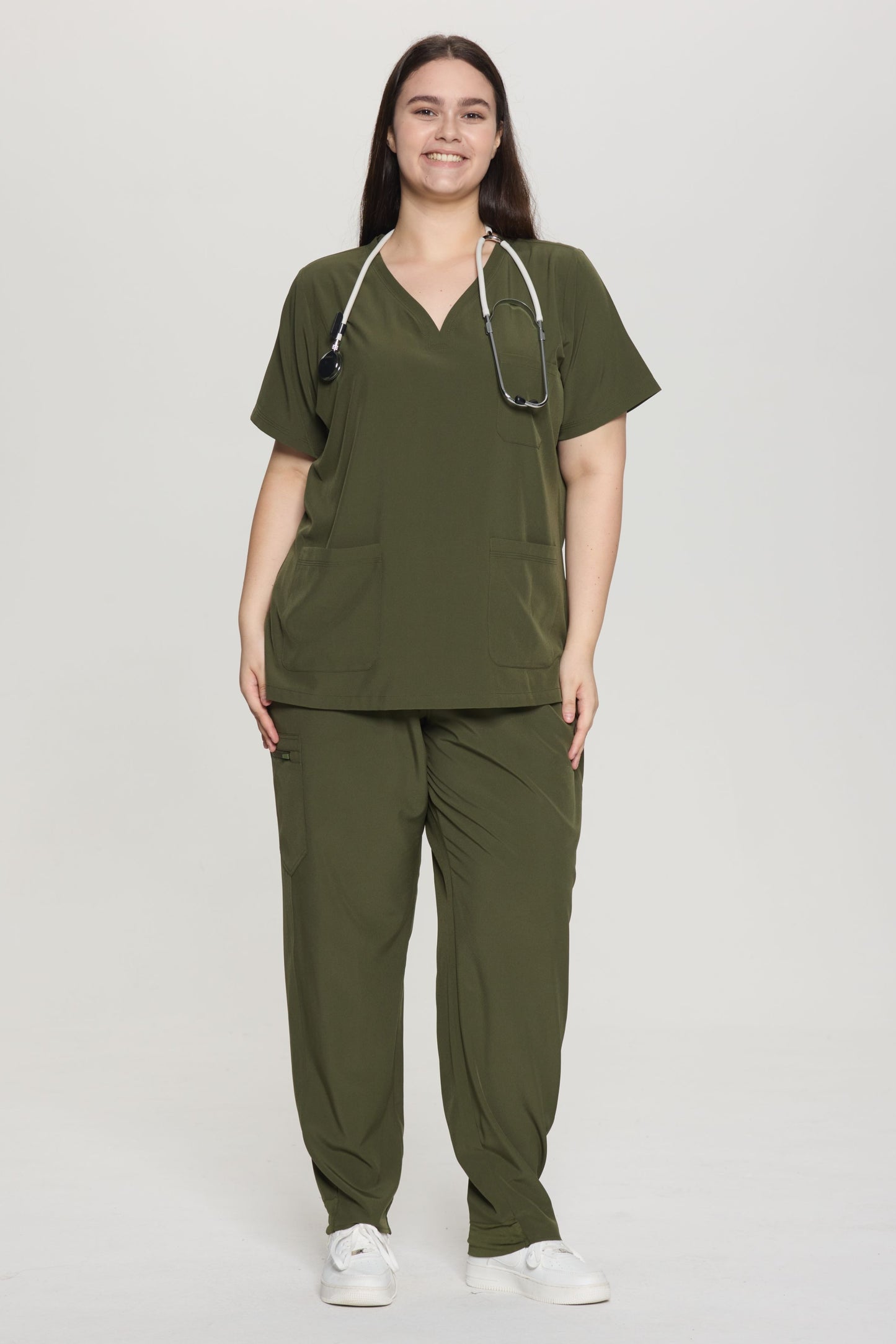 COZYFIT Curved V-Neck Scrub Top & Jogger Pants with 8 Pockets Scrub Sets