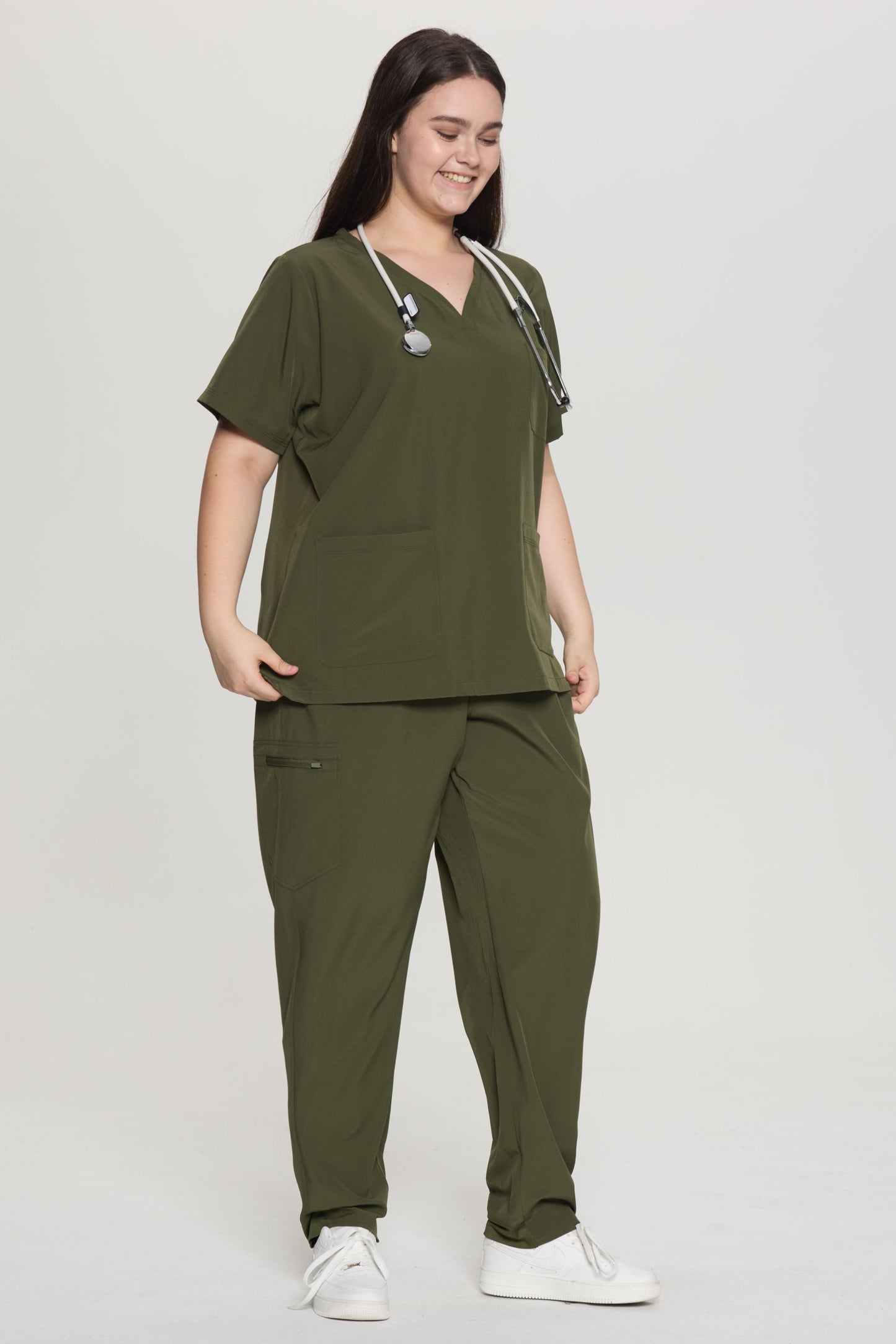 COZYFIT Curved V-Neck Scrub Top & Jogger Pants with 8 Pockets Scrub Sets