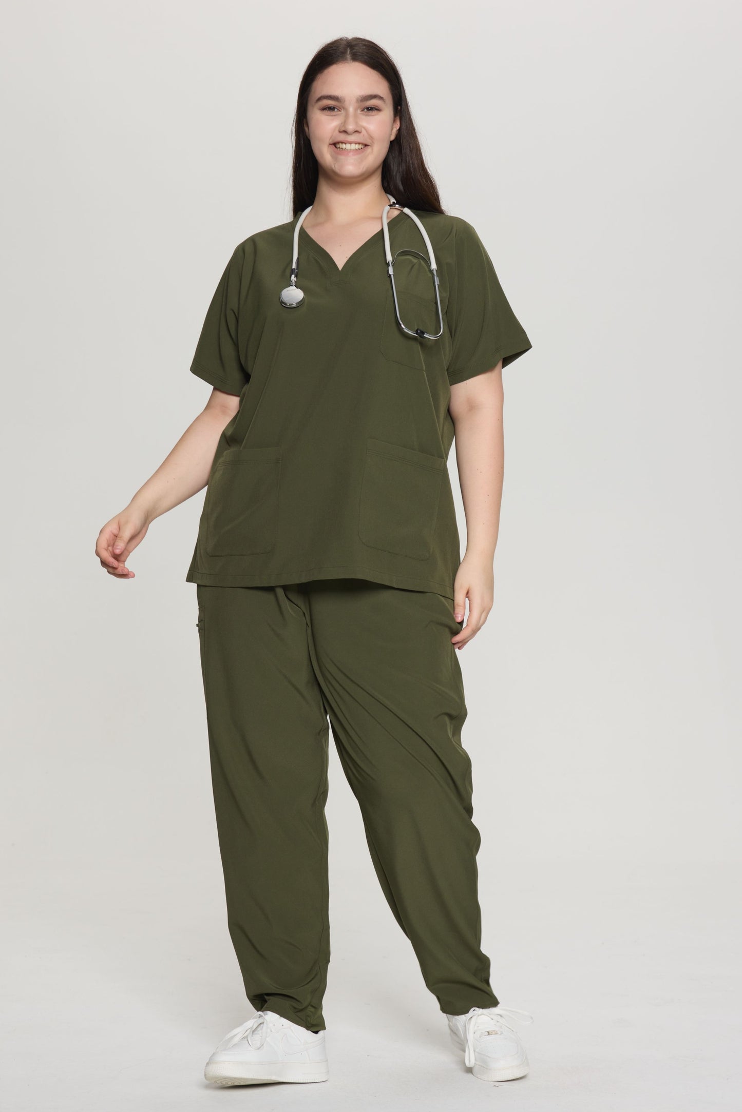 COZYFIT Curved V-Neck Scrub Top & Jogger Pants with 8 Pockets Scrub Sets