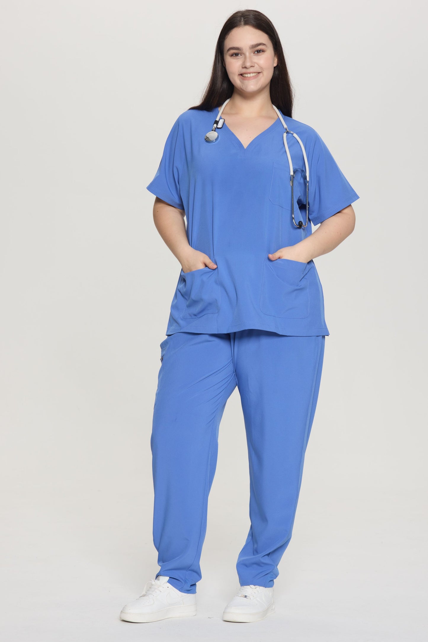 COZYFIT Curved V-Neck Scrub Top & Jogger Pants with 8 Pockets Scrub Sets