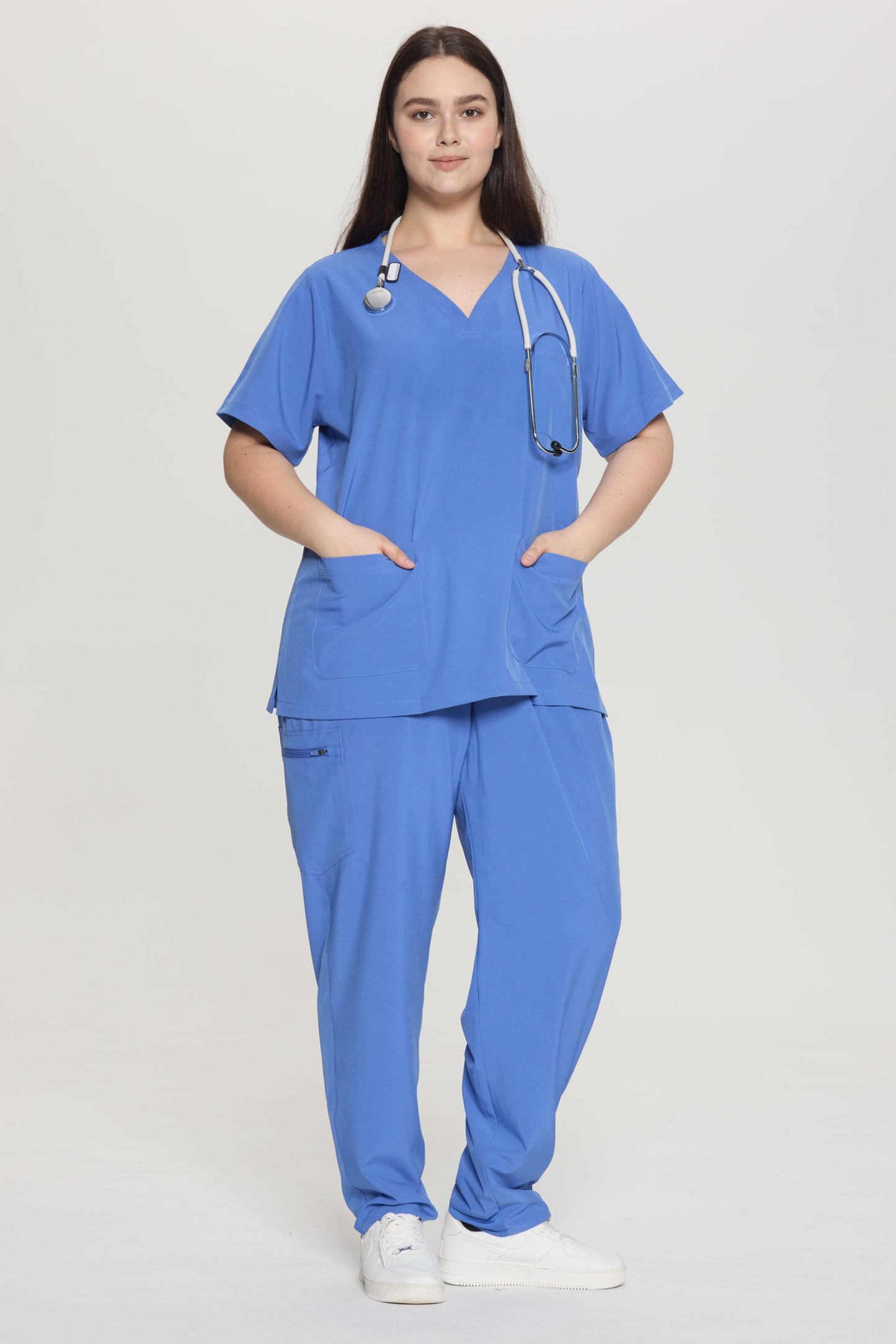 COZYFIT Curved V-Neck Scrub Top & Jogger Pants with 8 Pockets Scrub Sets