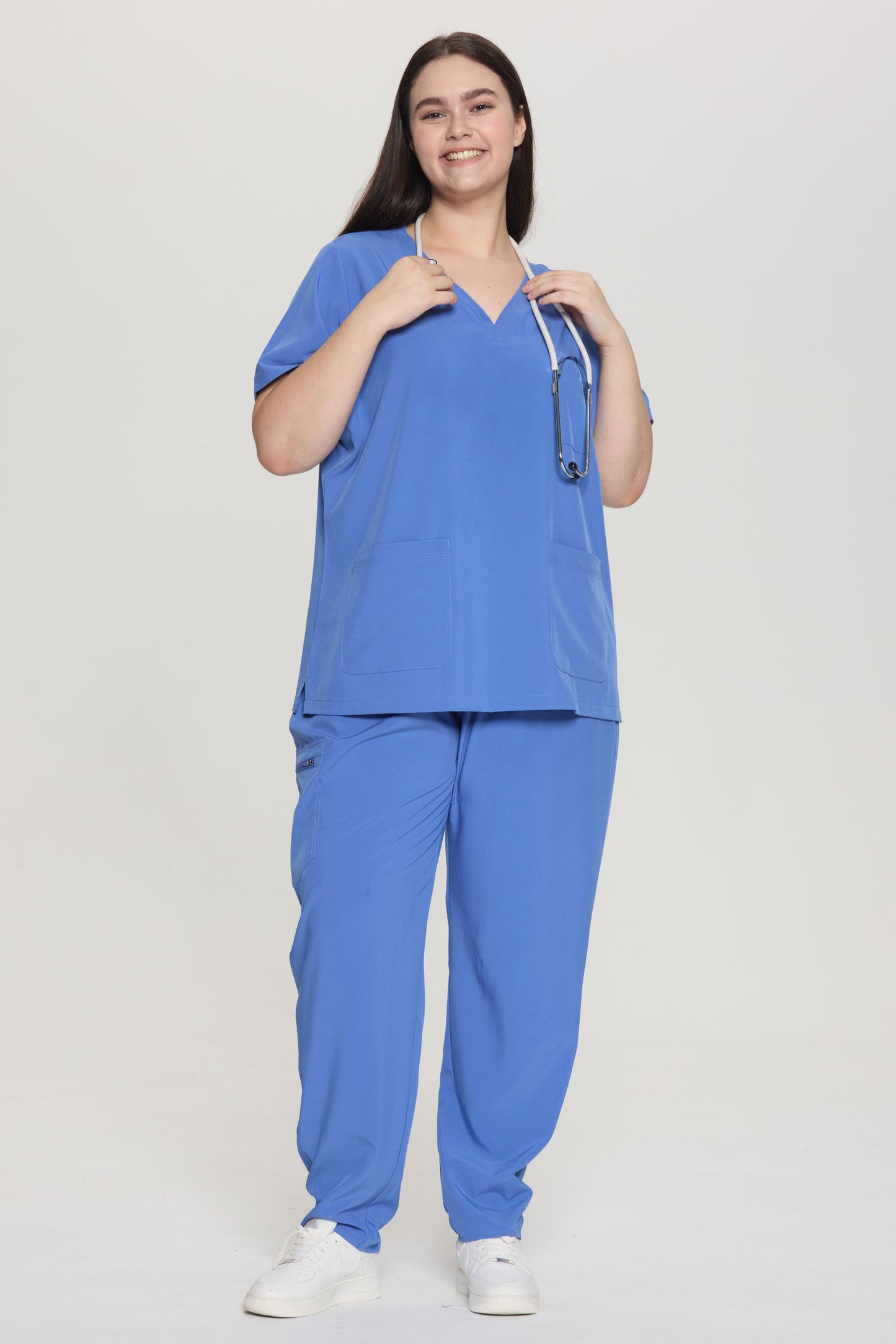 COZYFIT Curved V-Neck Scrub Top & Jogger Pants with 8 Pockets Scrub Sets