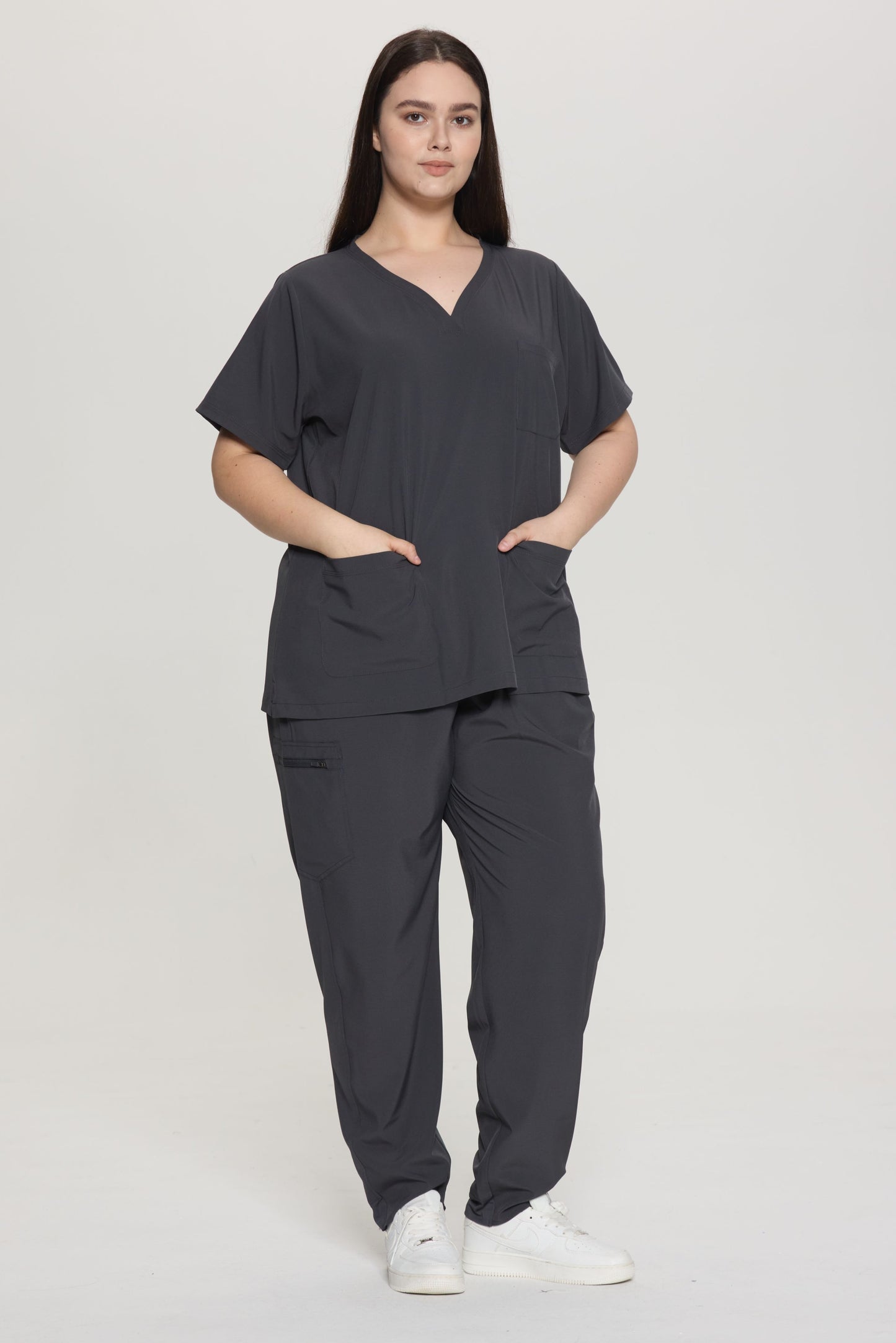 COZYFIT Curved V-Neck Scrub Top & Jogger Pants with 8 Pockets Scrub Sets