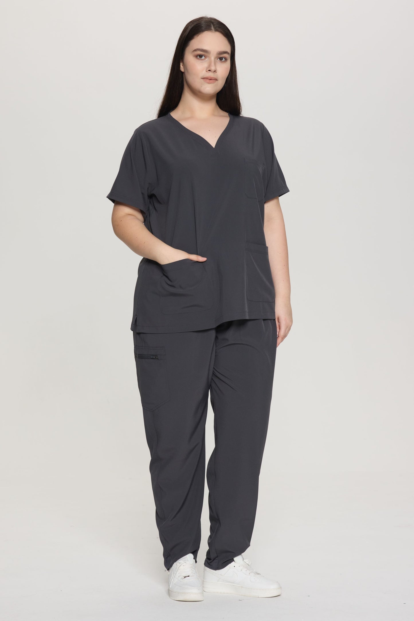 COZYFIT Curved V-Neck Scrub Top & Jogger Pants with 8 Pockets Scrub Sets