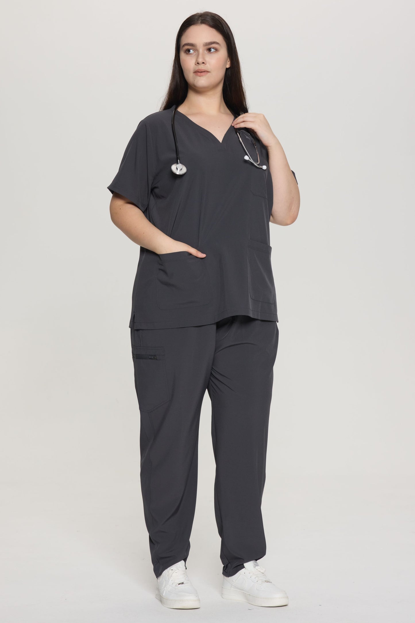 COZYFIT Curved V-Neck Scrub Top & Jogger Pants with 8 Pockets Scrub Sets