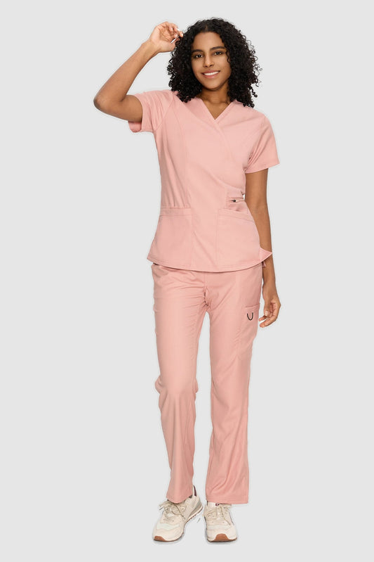 Women's 6-Pocket Mock Wrap Scrub Set, PINK, Model Front View