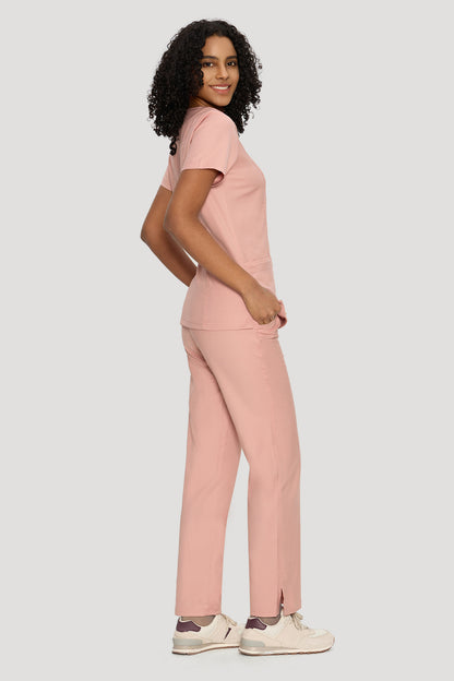 Women's 6-Pocket Mock Wrap Scrub Set, PINK, Model Side View