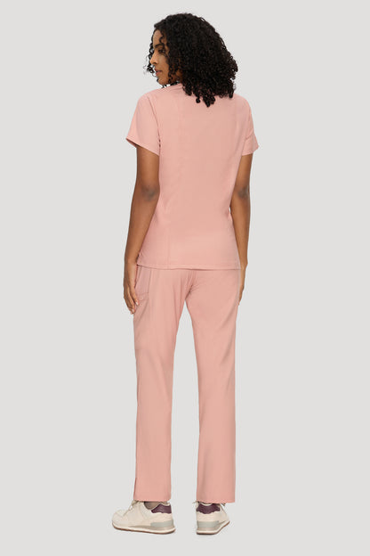 Women's 6-Pocket Mock Wrap Scrub Set, PINK, Model Back View