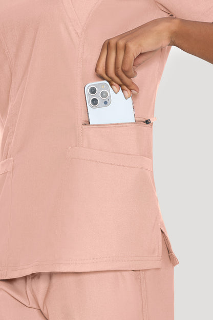 Women's 6-Pocket Mock Wrap Scrub Set, PINK, Pocket Detail