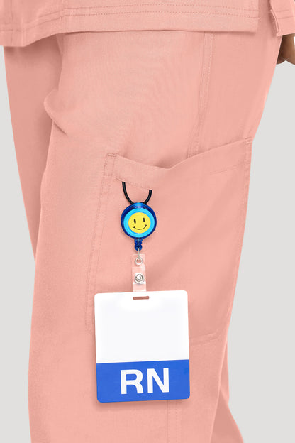 Women's 6-Pocket Mock Wrap Scrub Set, PINK, ID Badge Clip Detail