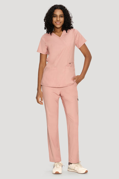 Women's 6-Pocket Mock Wrap Scrub Set, PINK, Model Front View