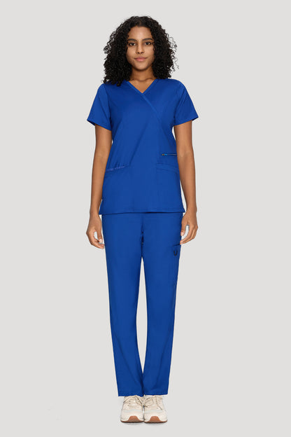 Women's 6-Pocket Mock Wrap Scrub Set, Royal Blue, Model Front View