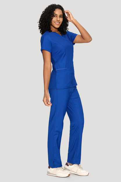 Women's 6-Pocket Mock Wrap Scrub Set, Royal Blue, Model Side View
