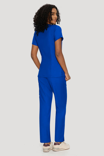 Women's 6-Pocket Mock Wrap Scrub Set, Royal Blue, Model Back View