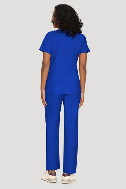 Women's 6-Pocket Mock Wrap Scrub Set, Royal Blue, Full-Length Back View