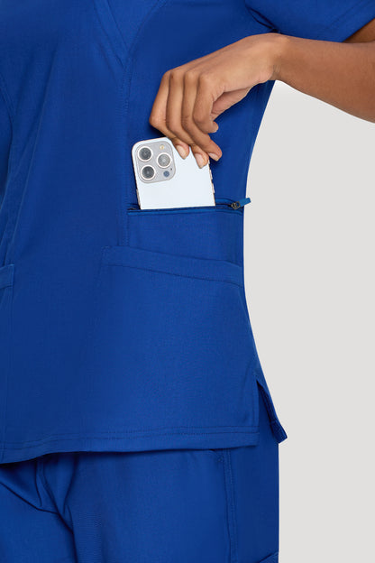 Women's 6-Pocket Mock Wrap Scrub Set, Royal Blue, Pocket Detail