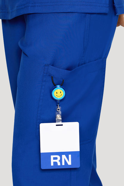 Women's 6-Pocket Mock Wrap Scrub Set, Royal Blue, ID Badge Clip Detail